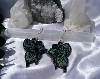 butterfly face color shift hand made resin earrings | holographic rainbow colorshift | raindbow | american traditional