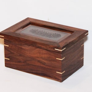 Könnte beinhalten: Eine Holzkiste mit Glasdeckel, in der ein Tannenzapfen zu sehen ist. Die Kiste ist aus Walnussholz mit einer Einlage aus hellem Holz und Messingakzenten.