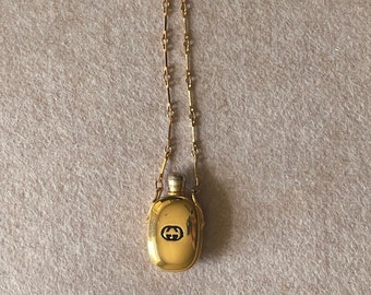 Gucci Vintage Perfume Flask Bottle Gold Necklace with GG Logo 1980's