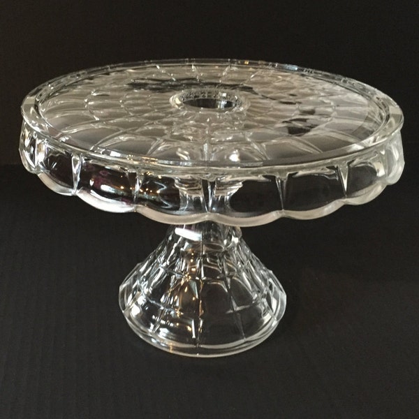 Clear Glass Pedestal Cake Stand, Vintage Clear Paneled Glass Wedding Cake Stand, Constellation Pattern Clear Glass Cake Stand with Rum Well