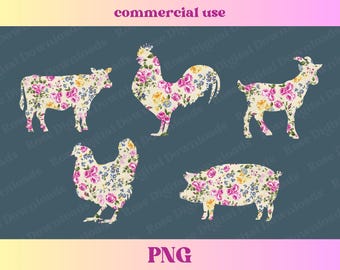 Conjunto de animales de granja florales PNG / Camisa vaquera moderna de estilo ranchero, descarga digital de sublimación de temática agrícola, camiseta de vaca, cabra, pollo, cerdo y gallo