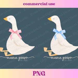 May include: A watercolour illustration of two white geese, one with a pink bow and the other with a blue bow. The text "mama goose est 2024" is below the geese. The image has the text "commercial use" and "PNG".