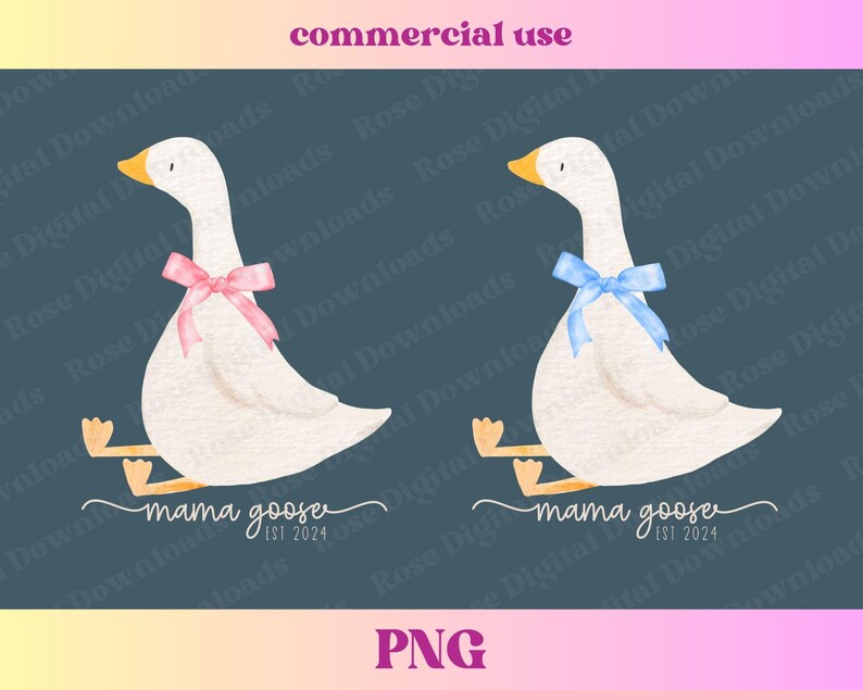 May include: A watercolour illustration of two white geese, one with a pink bow and the other with a blue bow. The text "mama goose est 2024" is below the geese. The image has the text "commercial use" and "PNG".