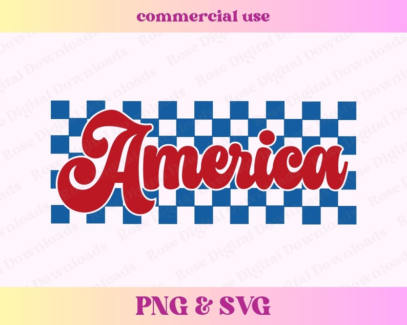 Puede incluir: Texto "America" en rojo y blanco en una fuente retro sobre un fondo a cuadros azul y blanco.