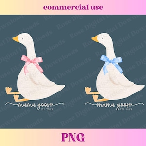 May include: A watercolour illustration of two geese, one with a pink bow and the other with a blue bow. The text "mama goose EST 2023" is below the geese. The background is a dark teal colour. The words "commercial use" and "PNG" are also present.