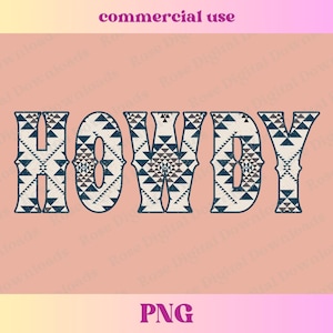 May include: A digital design featuring the word "HOWDY" in a white and blue geometric pattern. The word is in a bold, blocky font.