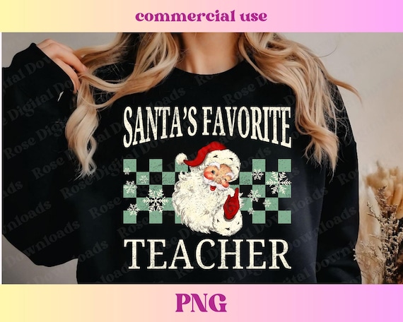 Santa's Favorite Teacher PNG | Vintage Xmas Sweater | Distressed Checkered Christmas Holiday T-shirt Design | Retro Sublimation Digital File