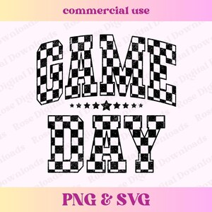 May include: Black and white checkered graphic design with the text "GAME DAY" in a vintage style font.