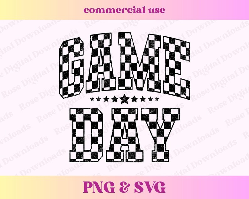 May include: Black and white checkered graphic design with the text "GAME DAY" in a vintage style font.