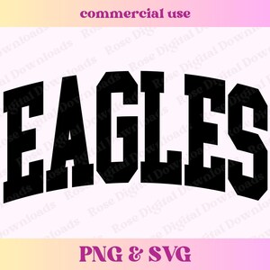 以下が含まれることがあります： 黒と白のグラフィックで「EAGLES」という単語が太字でアーチ状のフォントで書かれています。テキストはヴィンテージスタイルで、スポーツチームのロゴを彷彿とさせます。