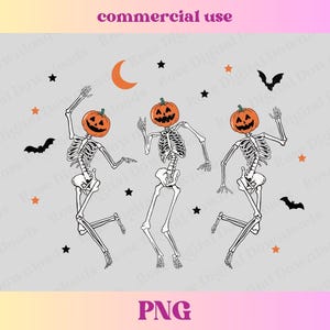 May include: Three skeletons wearing pumpkin heads are dancing against a light gray background with a crescent moon and stars.