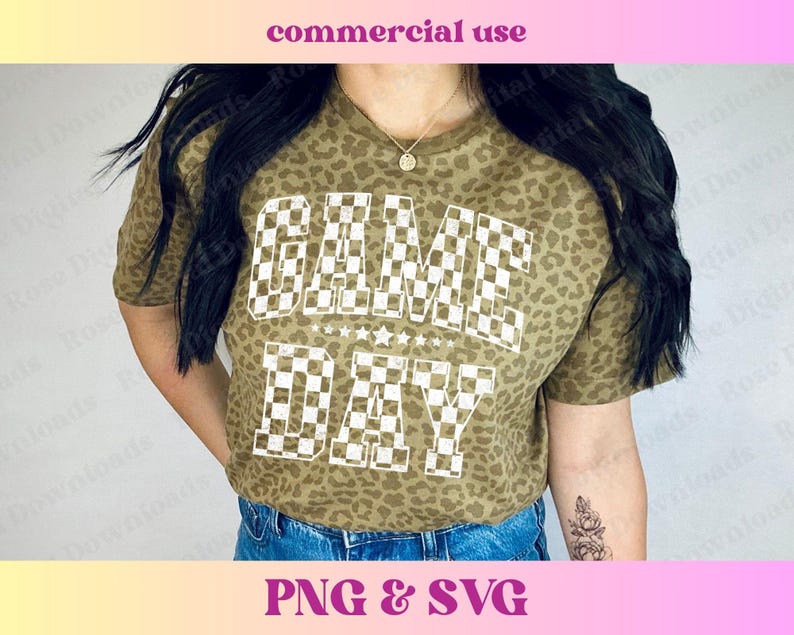 May include: A brown leopard print t-shirt with a white checkered graphic that says "GAME DAY".
