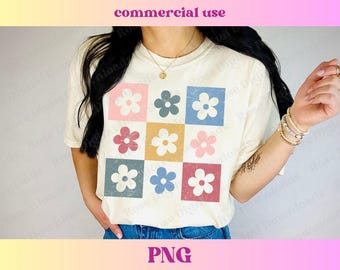 Checkered Retro Flowers PNG | Groovy Daisy Png | Vintage Shirt Design | Cute Retro Gift | Distressed Floral Sublimation Digital Download