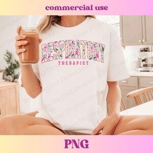 May include: A white t-shirt with a floral design that says "Respiratory Therapist".