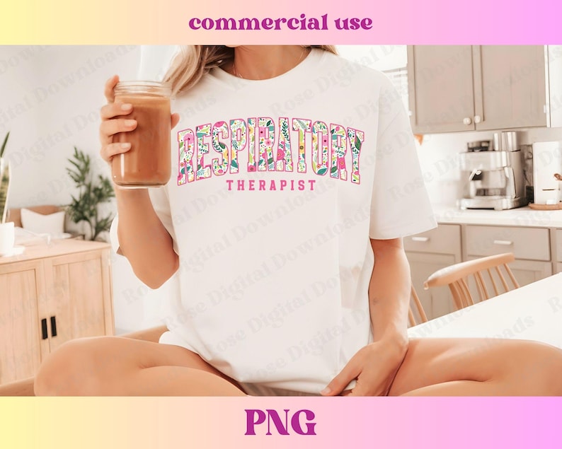 May include: A white t-shirt with a floral design that says "Respiratory Therapist".