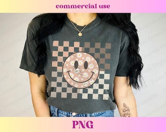 Retro floral Smile PNG | Happy checkered png | Groovy smile aesthetic png | Distressed retro vintage | Trendy Sublimation File Tshirt design