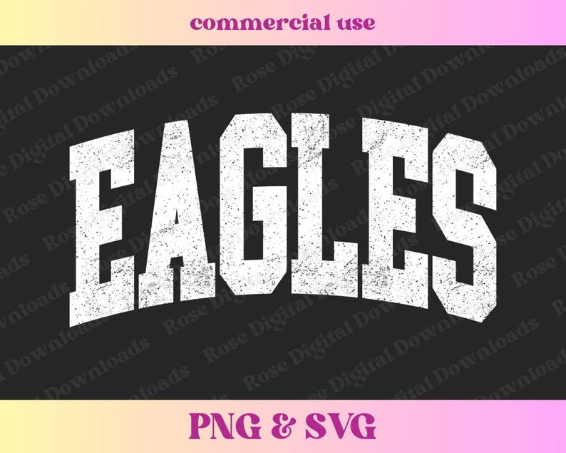 以下が含まれることがあります： 黒い背景に白い文字で「EAGLES」と書いてあります。フォントは使い古したようなスタイルです。文字は湾曲したアーチ型になっています。