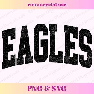 以下が含まれることがあります： ヴィンテージスタイルのフォントで「EAGLES」という言葉が書かれた、黒と白のディストレス加工されたグラフィック。デジタルダウンロードとして、クラフトプロジェクトに使用できます。