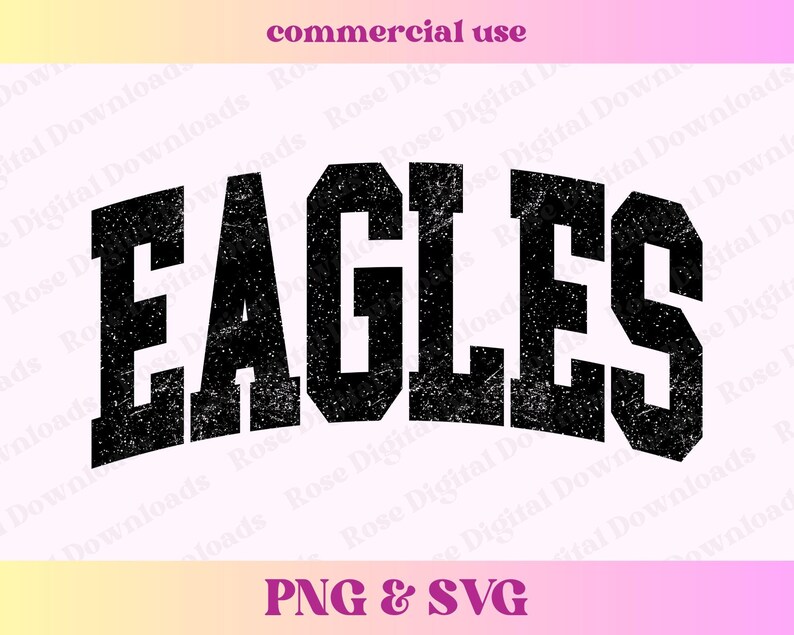 以下が含まれることがあります： ヴィンテージスタイルのフォントで「EAGLES」という言葉が書かれた、黒と白のディストレス加工されたグラフィック。デジタルダウンロードとして、クラフトプロジェクトに使用できます。