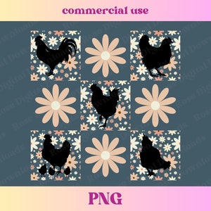 May include: Nine digital illustrations of chickens and roosters on a background of pink and white daisies. The illustrations are black silhouettes.