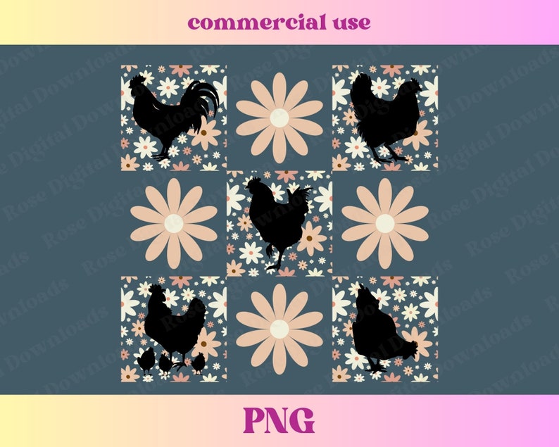 May include: Nine digital illustrations of chickens and roosters on a background of pink and white daisies. The illustrations are black silhouettes.