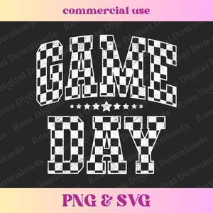 May include: Black and white chequered graphic design with the text "GAME DAY" in a vintage style font. The graphic has a distressed look.