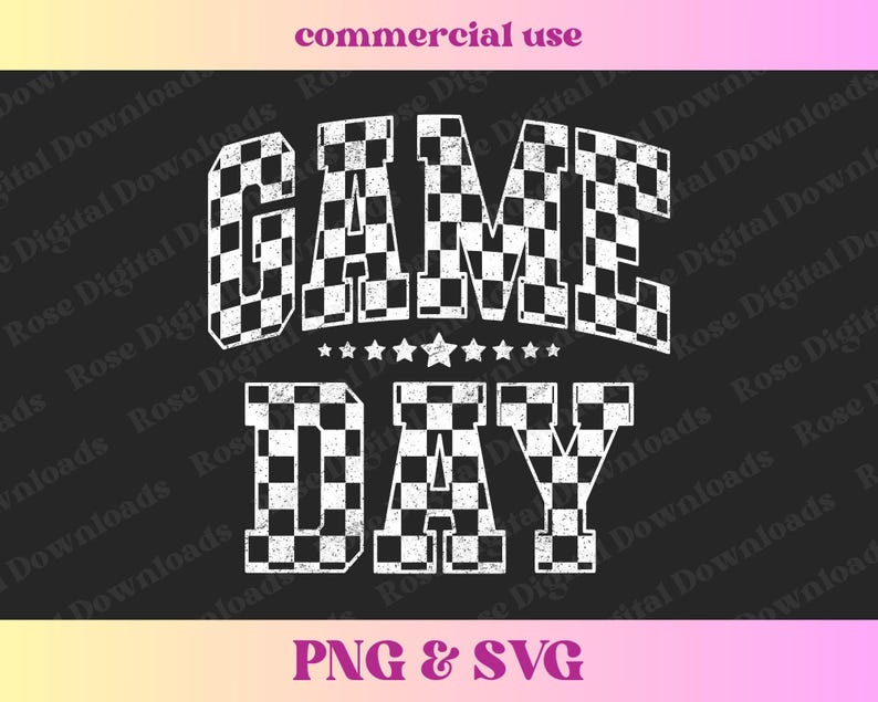 May include: Black and white chequered graphic design with the text "GAME DAY" in a vintage style font. The graphic has a distressed look.