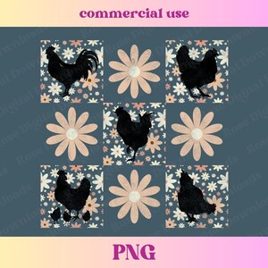 May include: A digital collage of nine squares featuring black silhouettes of chickens and roosters on a background of pink and white daisies.