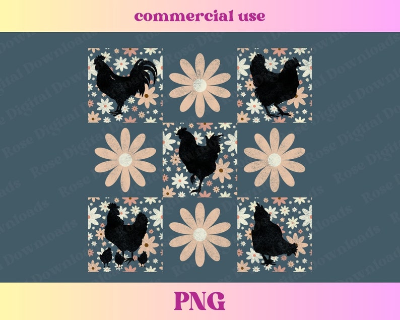 May include: A digital collage of nine squares featuring black silhouettes of chickens and roosters on a background of pink and white daisies.