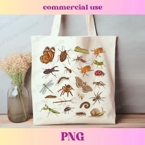 May include: A white tote bag with a design of various insects and bugs, including butterflies, beetles, spiders, and ants. The design is in a vintage style and features a variety of colors, including brown, black, red, and green.