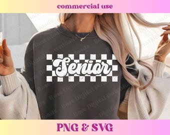 Checkered Senior PNG SVG, Trendy school spirit grad shirt, Cute high school graduation sublimation, Varsity distressed retro T-shirt design