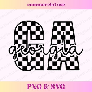 May include: Black and white checkered letters "GA" with the word "georgia" written in a cursive font below. The letters are in a racing style font.
