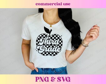 Checkered Third Grade Apple PNG SVG | Retro Vintage Groovy Teacher Shirt Gift | Trendy School Checkerboard Sublimation Digital Download