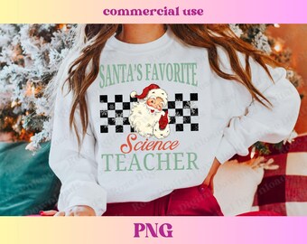 Santa's Favorite Science Teacher PNG | Vintage Xmas Sweater | Distressed Checkered Christmas Holiday T-shirt | Retro Sublimation Digital