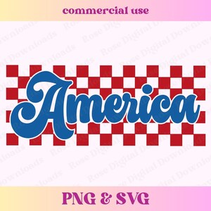 Puede incluir: Un fondo a cuadros rojos y blancos con la palabra "America" en letras cursivas azules.