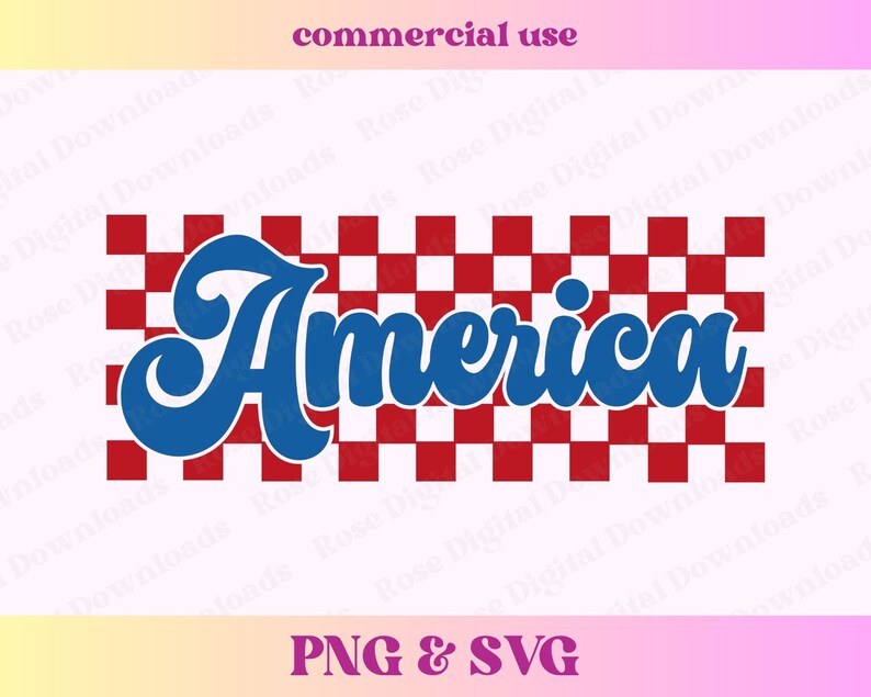 Puede incluir: Un fondo a cuadros rojos y blancos con la palabra "America" en letras cursivas azules.
