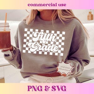 Checkered Fifth Grade PNG SVG | Vintage Teacher Shirt Gift | Trendy Elementary School Checkerboard Sublimation Digital Download Grade School