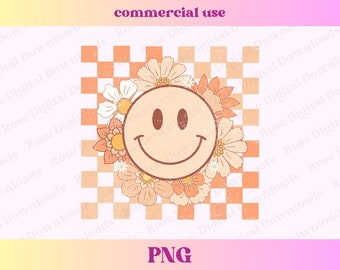 Retro floral Smile PNG | Happy checkered png | Groovy smile aesthetic png | Distressed retro vintage | Trendy Sublimation File Tshirt design