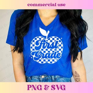 Checkered First Grade Apple PNG SVG | Retro Vintage Groovy Teacher Shirt Gift | Trendy School Checkerboard Sublimation Digital Download