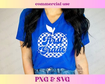 Checkered First Grade Apple PNG SVG | Retro Vintage Groovy Teacher Shirt Gift | Trendy School Checkerboard Sublimation Digital Download