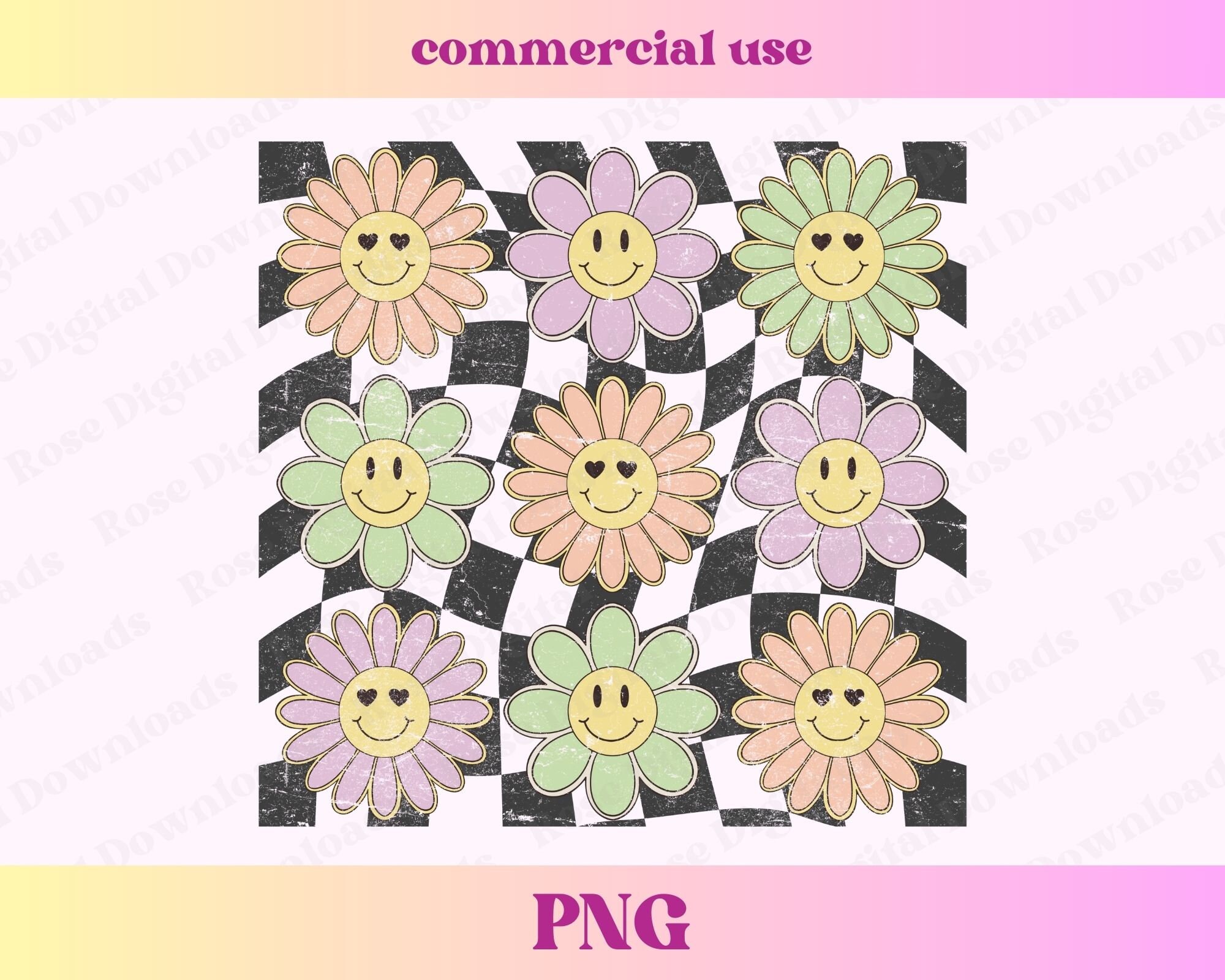 Checkered Retro Flowers PNG | Groovy Daisy Png | Vintage Shirt Design ...