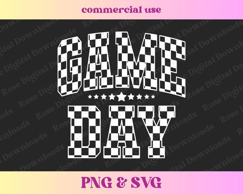 May include: Black and white chequered graphic design with the text "GAME DAY" in a bold, white font. The chequered pattern is reminiscent of a race track.