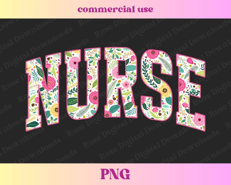 Peut inclure: Un motif floral rose avec le mot "NURSE" en lettres blanches. Le motif est sur un fond noir.