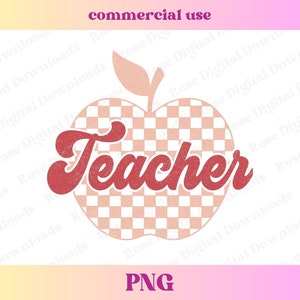 Checkered Teacher Apple PNG | Retro Vintage Groovy Teacher Shirt Gift | Trendy School Sublimation Digital Download | Checkerboard Teach PNG