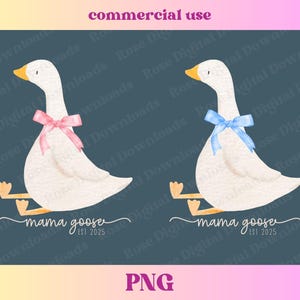 May include: A watercolour illustration of two white geese, one with a pink bow and the other with a blue bow. Each goose has yellow feet and a yellow beak. The text "mama goose est 2025" is below each goose. The words "commercial use" and "PNG" are also present.