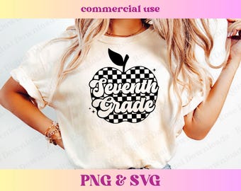 Checkered Seventh Grade Apple PNG SVG | Retro Vintage Groovy Teacher Shirt Gift | Trendy School Checkerboard Sublimation Digital Download