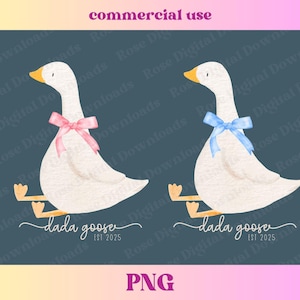 Op de afbeelding: Twee aquarel illustraties van ganzen met roze en blauwe strikken. De ganzen kijken naar rechts en de tekst "dada goose est 2025" staat eronder.