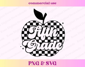 Checkered Fifth Grade Apple PNG SVG | Retro Vintage Groovy Teacher Shirt Gift | Trendy School Checkerboard Sublimation Digital Download