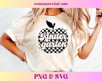 Checkered Kindergarten Apple PNG SVG | Retro Vintage Groovy Teacher Shirt Gift | Trendy School Checkerboard Sublimation Digital Download