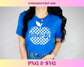 Checkered Pre-K Apple PNG SVG, Retro Vintage Groovy Kindergarten Teacher Shirt Gift, Trendy School Checkerboard Sublimation Digital Download